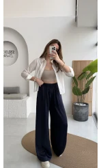 Bel Ortası Lastikli Saten Pantolon - Lacivert - Kod: 51297