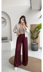 Bel Ortası Lastikli Saten Pantolon - Bordo - Kod: 51297