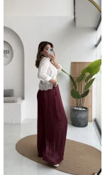 Bel Ortası Lastikli Saten Pantolon - Bordo - Kod: 51297