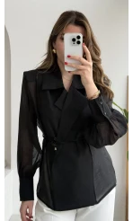 Maisie Vatkalı Transparan Bağlamalı Gömlek - Siyah - Kod: 5029