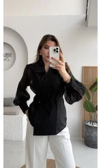 Maisie Vatkalı Transparan Bağlamalı Gömlek - Siyah - Kod: 5029