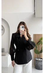 Maisie Vatkalı Transparan Bağlamalı Gömlek - Siyah - Kod: 5029