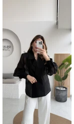 Maisie Vatkalı Transparan Bağlamalı Gömlek - Siyah - Kod: 5029