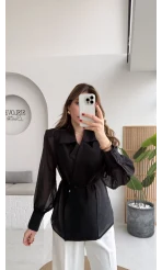 Maisie Vatkalı Transparan Bağlamalı Gömlek - Siyah - Kod: 5029