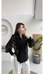 Maisie Vatkalı Transparan Bağlamalı Gömlek - Siyah - Kod: 5029