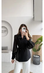 Maisie Vatkalı Transparan Bağlamalı Gömlek - Siyah - Kod: 5029