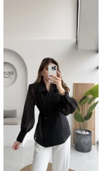 Maisie Vatkalı Transparan Bağlamalı Gömlek - Siyah - Kod: 5029