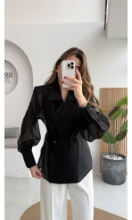 Maisie Vatkalı Transparan Bağlamalı Gömlek - Siyah - Kod: 5029