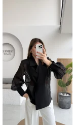 Maisie Vatkalı Transparan Bağlamalı Gömlek - Siyah - Kod: 5029