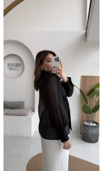 Maisie Vatkalı Transparan Bağlamalı Gömlek - Siyah - Kod: 5029