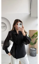 Maisie Vatkalı Transparan Bağlamalı Gömlek - Siyah - Kod: 5029