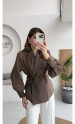 Maisie Vatkalı Transparan Bağlamalı Gömlek - Kahve - Kod: 5029