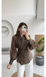 Maisie Vatkalı Transparan Bağlamalı Gömlek - Kahve - Kod: 5029