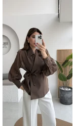 Maisie Vatkalı Transparan Bağlamalı Gömlek - Kahve - Kod: 5029