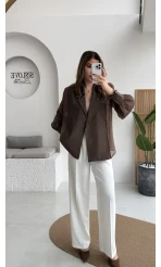 Maisie Vatkalı Transparan Bağlamalı Gömlek - Kahve - Kod: 5029