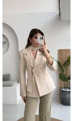 Lucy Fularlı Bele Oturan Blazer Ceket - Krem