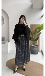 Berry Kemerli Desenli Piliseli Etek - Füme - Kod: 3375