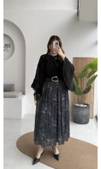 Berry Kemerli Desenli Piliseli Etek - Füme - Kod: 3375