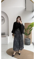 Berry Kemerli Desenli Piliseli Etek - Füme - Kod: 3375