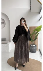 Faylinn Kemerli Baskılı Etek - Kahverengi - Kod: 3374