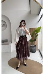 Parçalı Kemerli Asimetrik Kesim Etek - Kahve - Kod: 3369