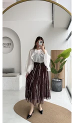 Parçalı Kemerli Asimetrik Kesim Etek - Kahve - Kod: 3369