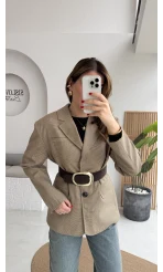 Hanna Kemerli Pitikareli Blazer Ceket - Hardal - Kod: 9720