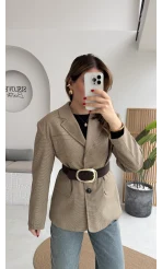 Hanna Kemerli Pitikareli Blazer Ceket - Hardal - Kod: 9720