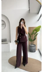 Rowena Yaka Detay Yelek-Pantolon Takım - Mürdüm - Kod: 9692