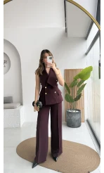 Rowena Yaka Detay Yelek-Pantolon Takım - Mürdüm - Kod: 9692