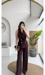 Rowena Yaka Detay Yelek-Pantolon Takım - Mürdüm - Kod: 9692