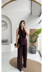 Rowena Yaka Detay Yelek-Pantolon Takım - Mürdüm - Kod: 9692