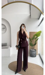 Rowena Yaka Detay Yelek-Pantolon Takım - Mürdüm - Kod: 9692