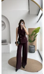 Rowena Yaka Detay Yelek-Pantolon Takım - Mürdüm - Kod: 9692