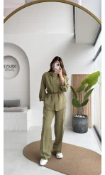 Geniş Yaka Bağcıklı Gömlek Pantolon Takım - Haki - Kod: 51298