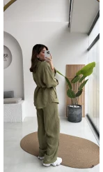 Geniş Yaka Bağcıklı Gömlek Pantolon Takım - Haki - Kod: 51298