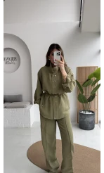 Geniş Yaka Bağcıklı Gömlek Pantolon Takım - Haki - Kod: 51298