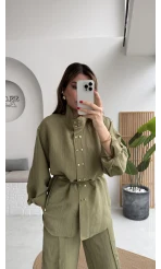 Geniş Yaka Bağcıklı Gömlek Pantolon Takım - Haki - Kod: 51298
