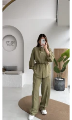 Geniş Yaka Bağcıklı Gömlek Pantolon Takım - Haki - Kod: 51298