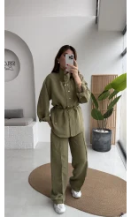 Geniş Yaka Bağcıklı Gömlek Pantolon Takım - Haki - Kod: 51298