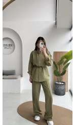 Geniş Yaka Bağcıklı Gömlek Pantolon Takım - Haki - Kod: 51298