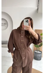 Geniş Yaka Bağcıklı Gömlek Pantolon Takım - Kahve - Kod: 51298