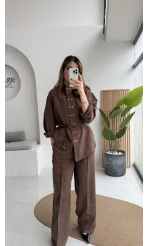 Geniş Yaka Bağcıklı Gömlek Pantolon Takım - Kahve - Kod: 51298