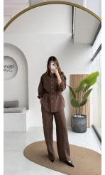 Geniş Yaka Bağcıklı Gömlek Pantolon Takım - Kahve - Kod: 51298