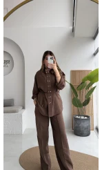 Geniş Yaka Bağcıklı Gömlek Pantolon Takım - Kahve - Kod: 51298