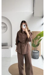 Geniş Yaka Bağcıklı Gömlek Pantolon Takım - Kahve - Kod: 51298