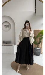 Pole Astarlı Kırışık Kloş Etek - Siyah - Kod: 3000