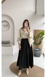 Pole Astarlı Kırışık Kloş Etek - Siyah - Kod: 3000