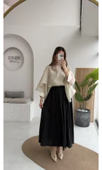 Pole Astarlı Kırışık Kloş Etek - Siyah - Kod: 3000