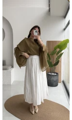 Pole Astarlı Kırışık Kloş Etek - Beyaz- Kod: 3000